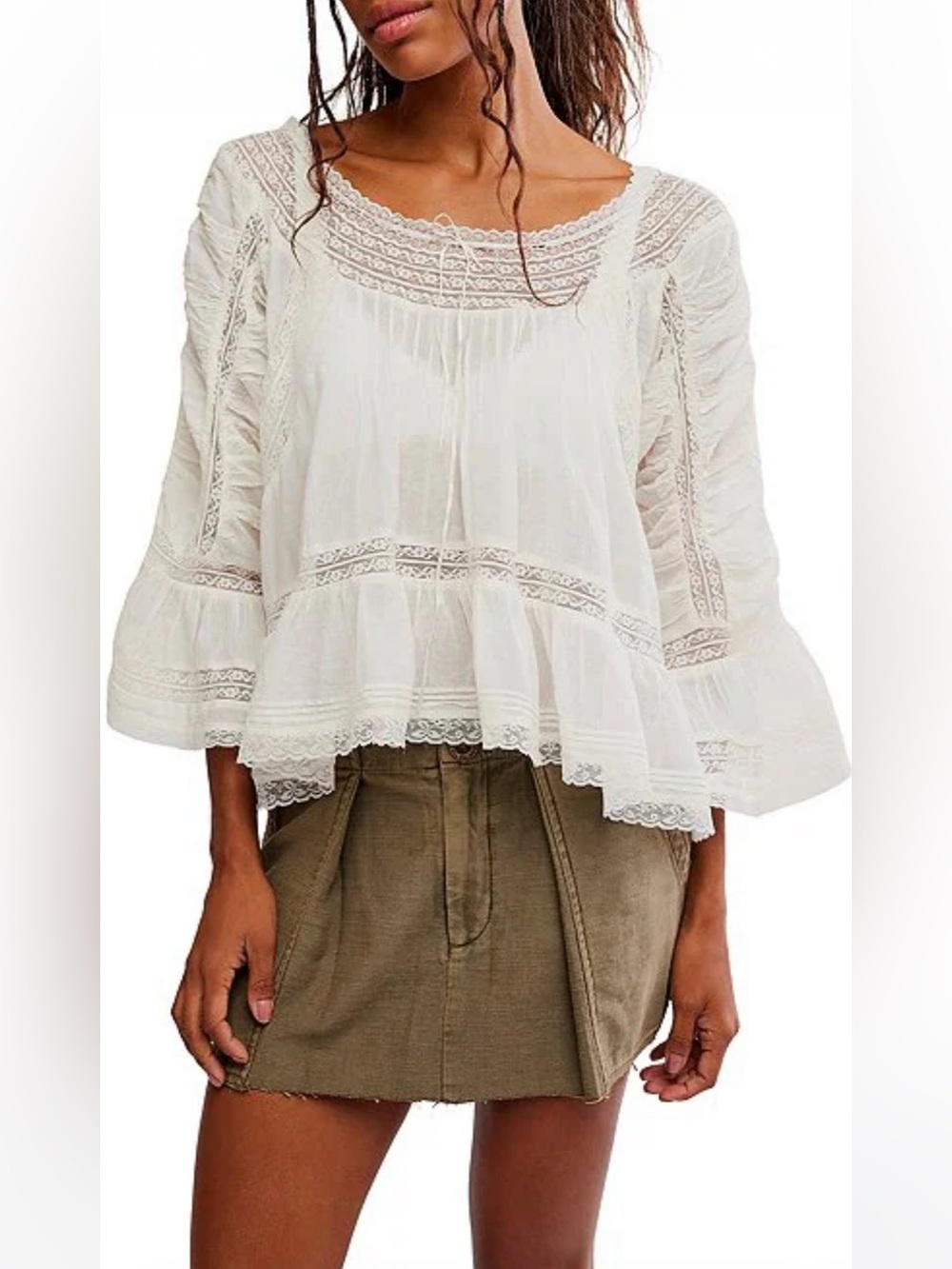 NWT🌷(XS) Free People She’s a Romantic Boat Neck Bell Sleeve Lace Paneling Blouse